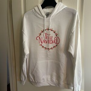 Gulden Sz L White NEOT Xmas Sweatshirt Hoodie Red Feliz Navidad w Holly Wreath